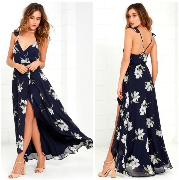 Lulus Dresses & Skirts - Lulu's All Mine Navy Blue Floral Print Ruffled Open Back Maxi Wrap Dress